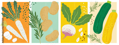 Handmade Vector Food Illustrations – Daikon, Potatoes, Rosemary, Zucchini, Garlic, Herbs