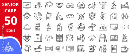 Senior Care Icons Set thin-line vector illustration — elderly care, nursing home, wheelchair, medication, doctor, safety — isolated transparent background