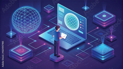 Isometric illustration of a man working with futuristic technology and global network connections showcasing modern digital transformation and data management