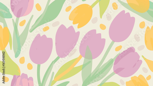 Floral pattern with tulips in pastel colors and small dots scattered across the background design element