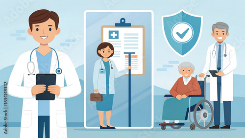 Healthcare professionals providing care and assistance to patients promoting health insurance and medical services in a friendly and supportive environment