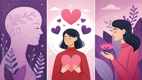 Selflove and mindfulness concept illustration promoting inner peace and emotional wellbeing through love and positivity with gentle and harmonious artwork