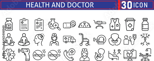 Medical research icon set. health trial icons. Medicine and health symbol collection. Healthcare, medical services and laboratory sign vector icon bundle