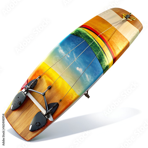 Colorful kiteboard with straps and bindings isolated on white background