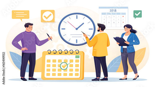 Teamwork on Schedule Management and Project Planning Illustration with Calendar Clock and Checklist for Effective Time Management and Business Success