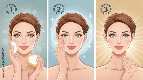 Three step skincare routine for a glowing complexion beautiful woman demonstrating beauty steps for healthy and radiant skin