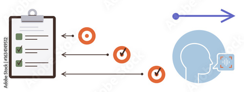 Clipboard checklist linked to target icons and arrows connecting to voice recognition, symbolizing task communication. Ideal for workflow, productivity, goal-setting, automation, voice command, task