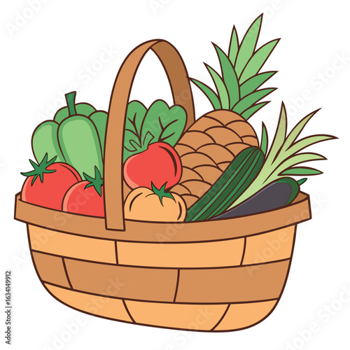 Vegetables and pineapple sit arranged inside woven basket on a white backdrop