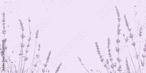 Background with lavender flowers. Monochrome figure with grainy overlay and scratch texture. Light threshold contrast and paper grit.