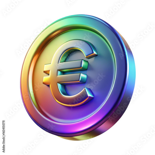 3d euro coin with rainbow metallic finish isolated on transparent background