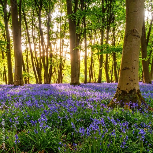 Sunlight streams through forest of bluebells