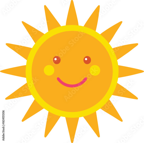 A cheerful sun with a smiling face against a plain vector white background