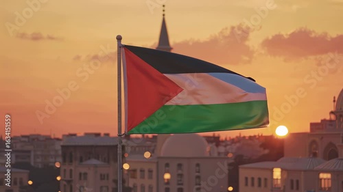 Palestinian flag waving on flagpole in front of a mosque with sunset sky background, celebrating Palestine national identity and Islamic faith