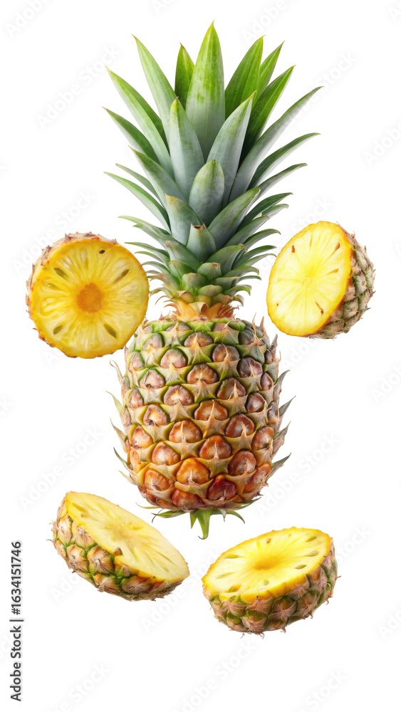flying pineapple slices isolated on transparent white background, clipping path flying pineapple slices isolated on transparent white background, clipping path
