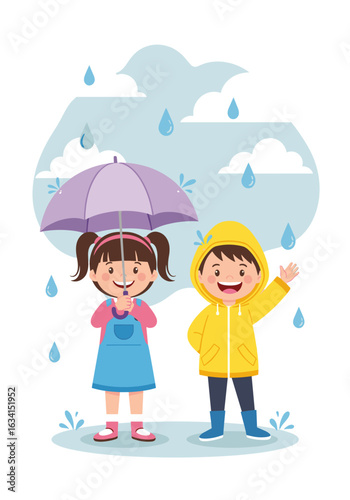 Two Happy Children Enjoying a Rainy Day Outdoors with an Umbrella