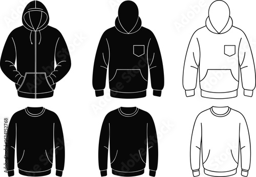 blank hoodie and sweatshirt templates for men, including full-zip, pullover, and crew neck designs, in solid black and outline vector versions, for Adobe Stock.