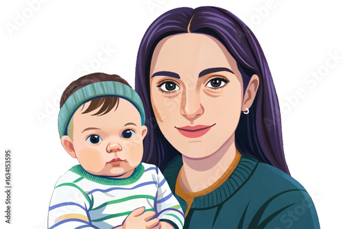 Mother close up holding baby while sitting on rocking chair cartoon