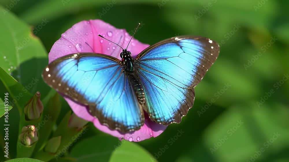 Blue butterfly on a pink flower, dew drops visible, green foliage background, close-up shot Blue butterfly on a pink flower, dew drops visible, green foliage background, close-up shot
