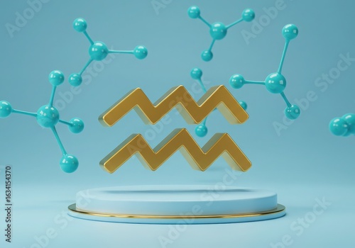 Aquarius zodiac symbol floating above a pedestal with molecular structures
