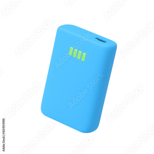 Blue power bank with battery indicator isolated on transparent background