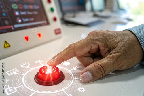 Human finger presses a large red button on a modern medical device, starting process