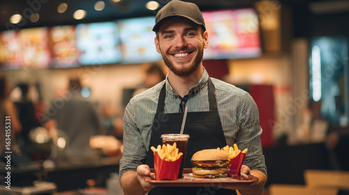 young smiling male waiter holds out tray with hamburger and french fries, fast food restaurant employee, cashier, junk food, meat, burger, guy works part-time in cafe