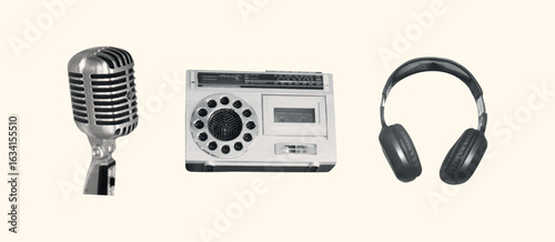 Vintage retro music halftone set. Karaoke collage collection with vinyl, headphones, player. Grunge equipment, modern disco elements for sing poster, podcast. Trendy isolated vector illustration.