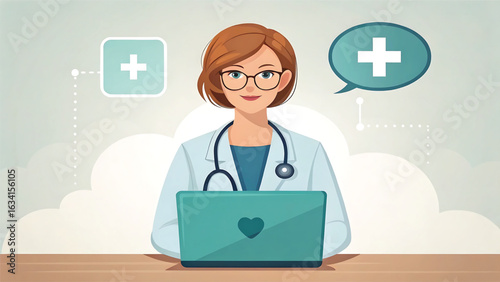 Telemedicine Doctor with Laptop Offering Online Medical Consultation and Healthcare Advice for Patients through Virtual Communication Platforms