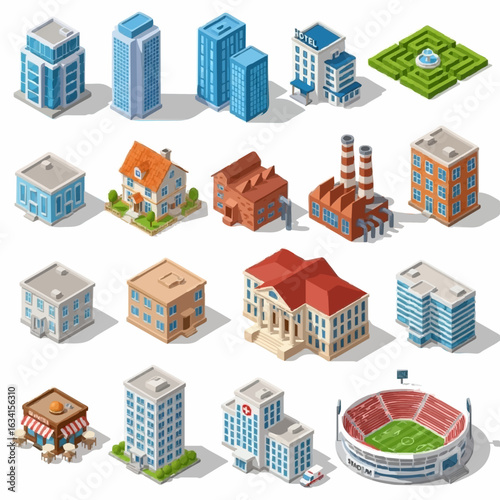 Isometric view of various buildings including residential and commercial types