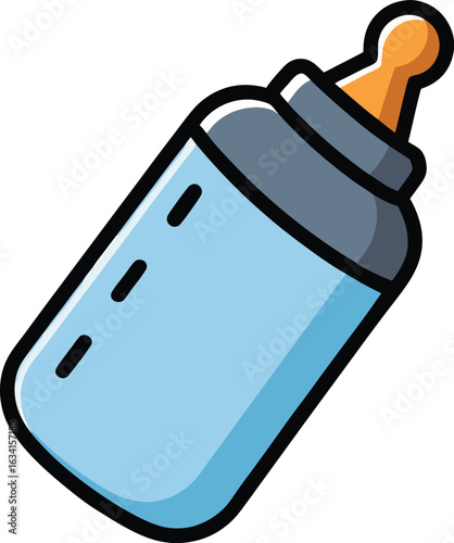 Light blue baby bottle with orange nipple and grey cap feeding liquid style vector illustration EPS file download