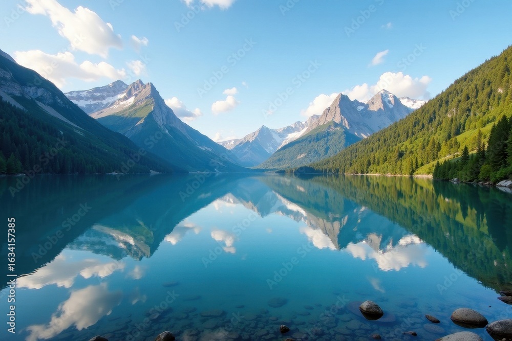 Fototapeta premium Breathtaking panoramic view of mountains mirrored in tranquil lake waters, nature, water, mountain