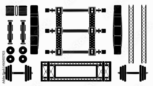 Illustration of various gym equipment including dumbbells weight plates and workout structures on white silhouette