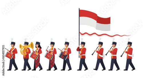 Celebrate national pride with a marching band parade featuring vibrant traditional uniforms and Indonesian flag
