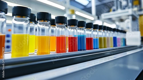 Colorful Liquids on Conveyor Belt in Factory Setting