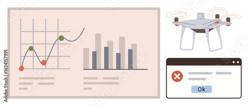 Line and bar charts indicating data trends, drone with spinning rotors, error message on browser window. Ideal for technology, analytics, innovation, remote solutions, AI, troubleshooting simple
