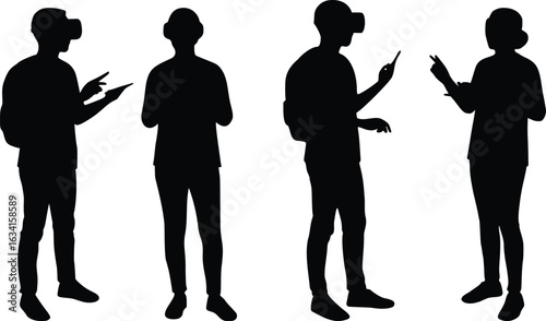 Vector art of silhouette of people using vr headset isolated on white background