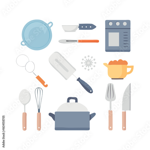 Vector icon sheet of cooking and kitchen utensils in flat style, perfect for food blogs, recipe apps, or restaurant branding.