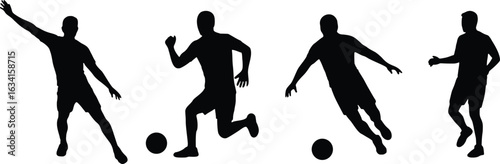 Vector art of silhouette of soccer players kicking the ball isolated on white background