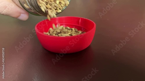 A slow motion footage of pouring fennel seeds in a small bottle cap.