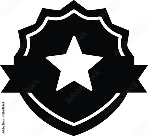 A gold star badge with a blue ribbon, representing excellence or award status