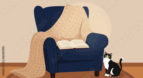 Flat illustration of a comfy armchair, blanket, open book, and a cat or plant nearby — perfect book-lover setup