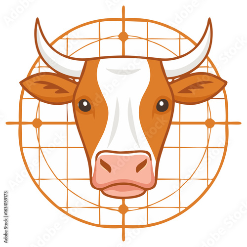 Cow face with horns and ears in a detailed, linear dream catcher, simple animal vector art