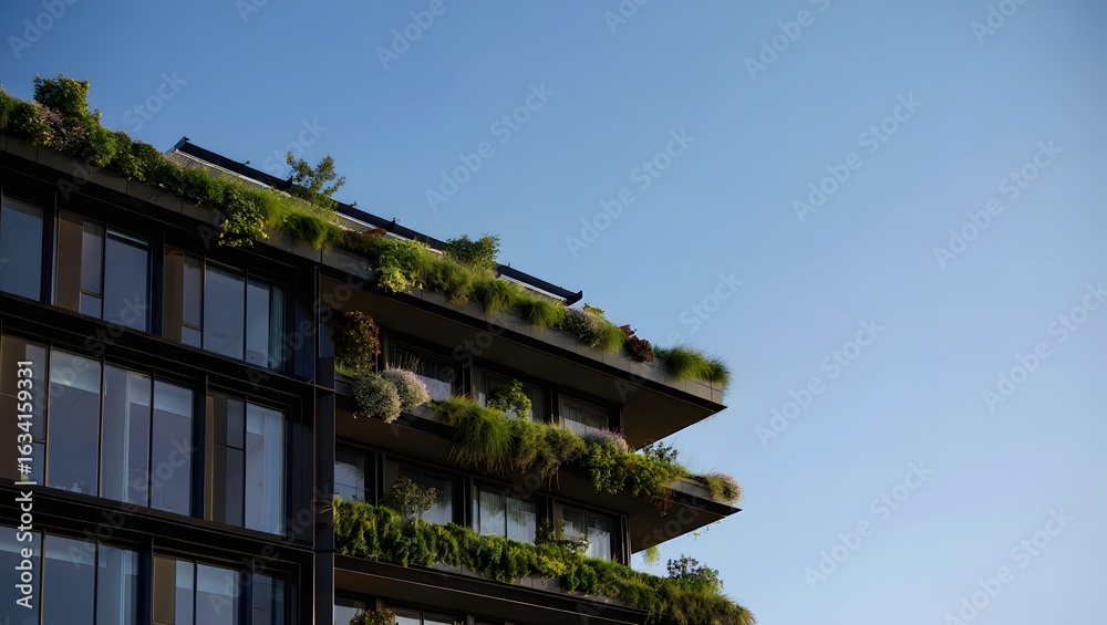 Modern building with lush greenery on balconies under a clear blue sky Modern building with lush greenery on balconies under a clear blue sky