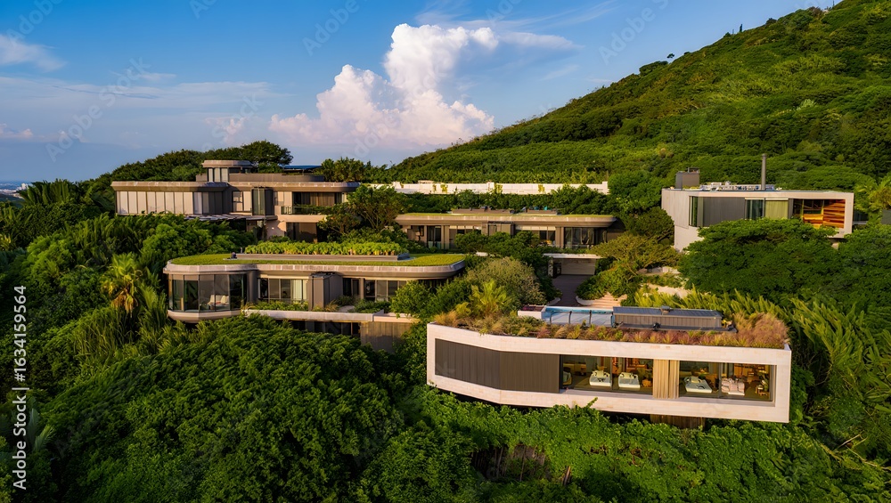 Naklejka premium Luxurious modern villas nestled on a lush green tropical hillside