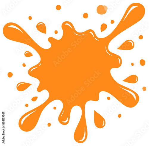 Dynamic orange liquid splash illustration. Vector graphic of a messy paint splat with dripping drops.