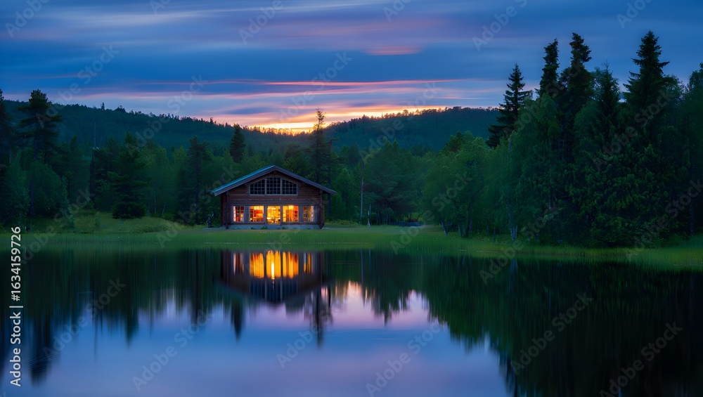 Fototapeta premium Cozy log cabin nestled beside a serene lake at dusk