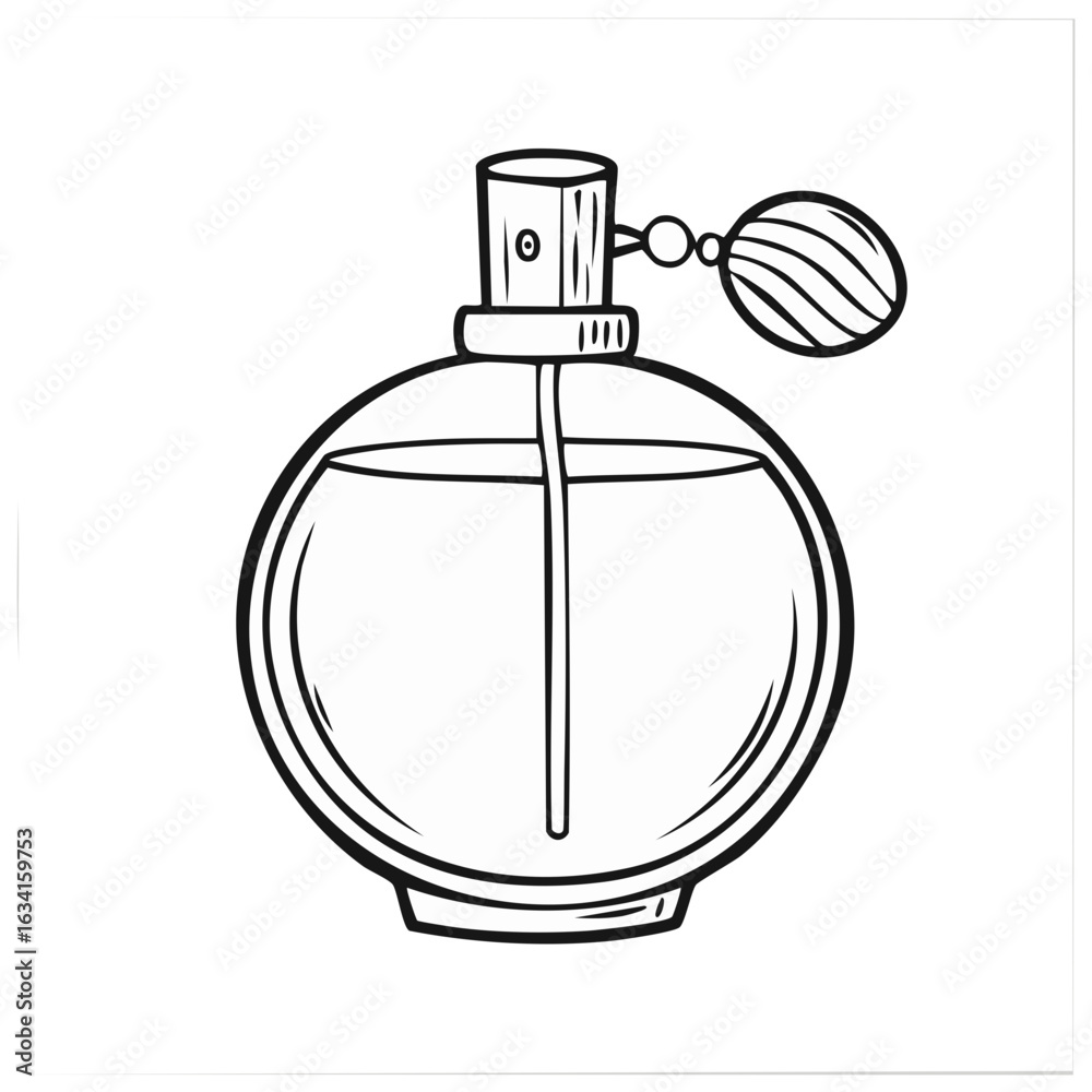 Fototapeta premium Round Perfume Bottle with Bulb Atomizer Hand-Drawn Outline Vector Illustration