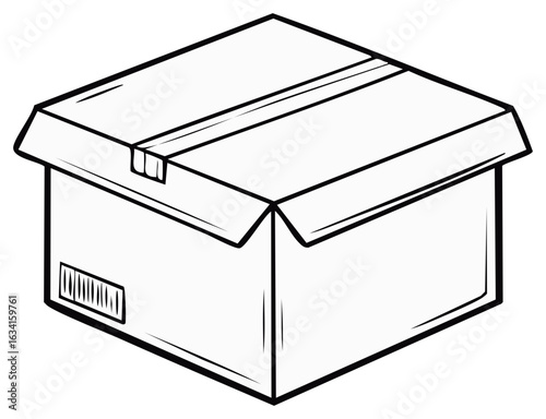Vector illustration of a sealed cardboard package with packing tape and a barcode symbol