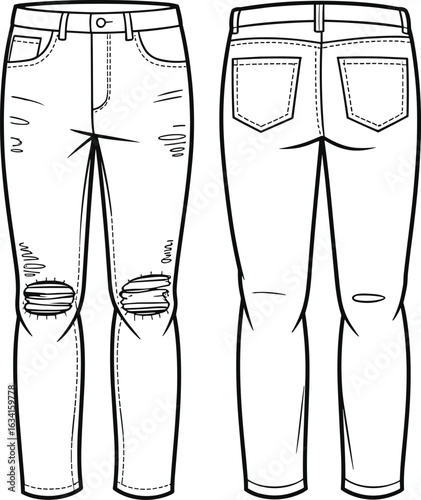 CAD drawing flat vector illustration: Front and back view of ripped skinny jeans for fashion design templates on Adobe Stock.