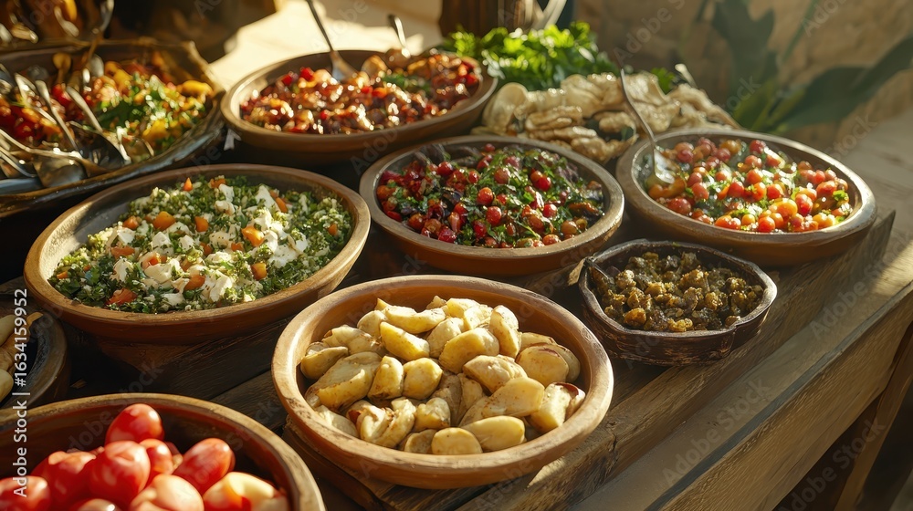 Obraz premium Colorful Buffet Display of Fresh Vegetables and Gourmet Dishes